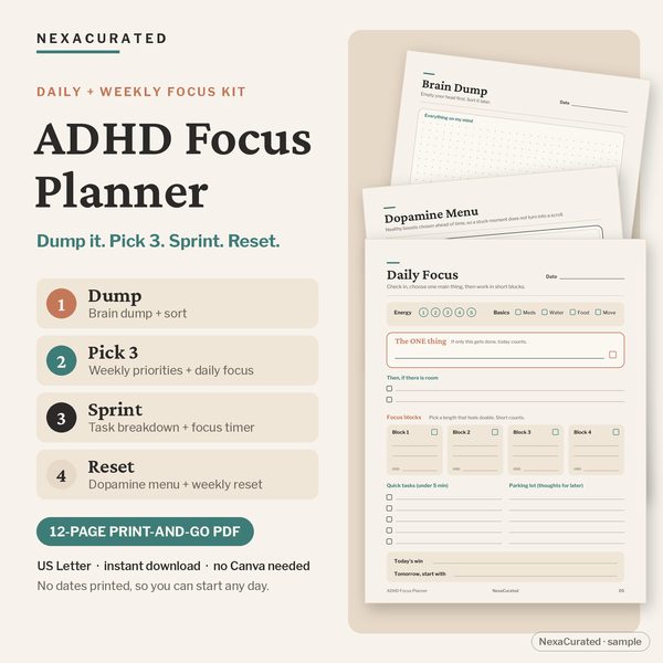 ADHD Focus Planner printable with brain dump, dopamine menu and daily focus pages